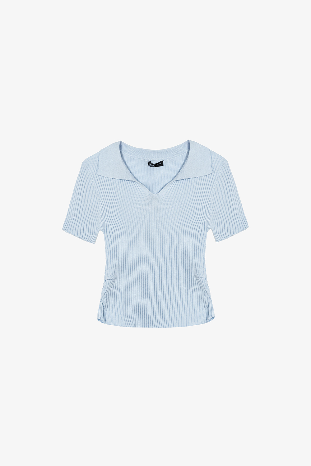 Áo len dệt kim cổ polo nhún eo màu xanh