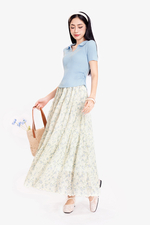 Áo len dệt kim cổ polo nhún eo màu xanh