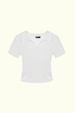 Áo len dệt kim cổ polo nhún eo màu trắng