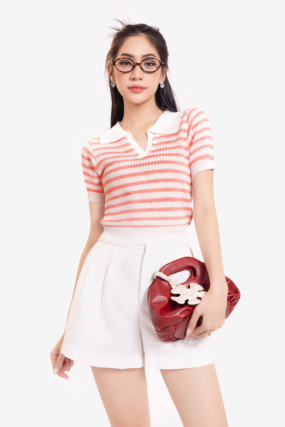 Áo len dệt kim nữ cổ polo sọc hồng