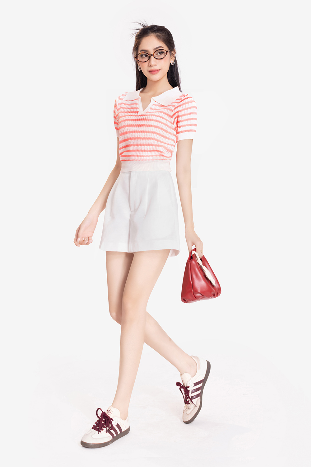 Áo len dệt kim nữ cổ polo sọc hồng