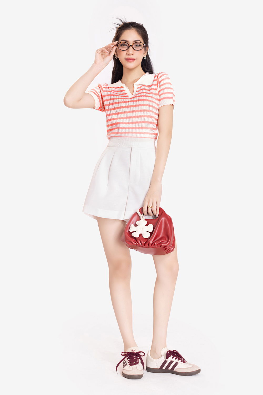 Áo len dệt kim nữ cổ polo sọc hồng