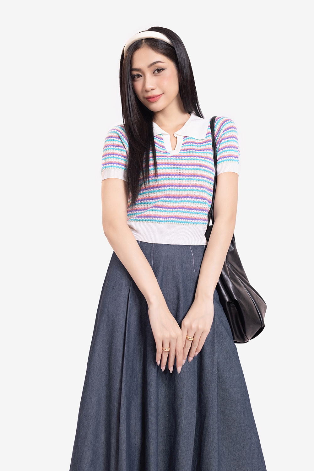 Áo len dệt kim nữ cổ polo sọc nhiều màu