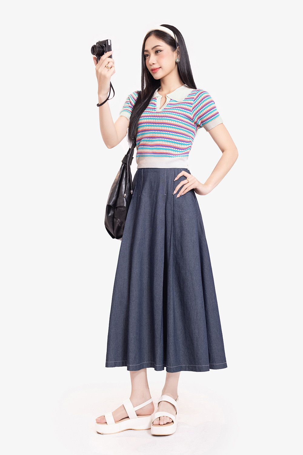 Áo len dệt kim nữ cổ polo sọc nhiều màu