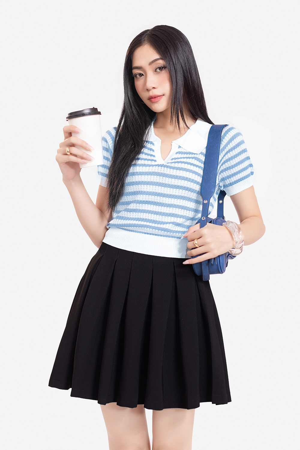 Áo len dệt kim nữ cổ polo sọc xanh