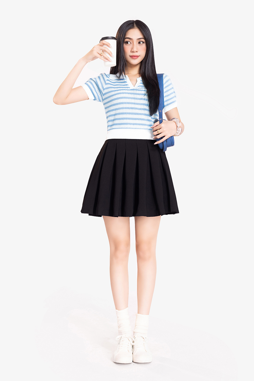 Áo len dệt kim nữ cổ polo sọc xanh