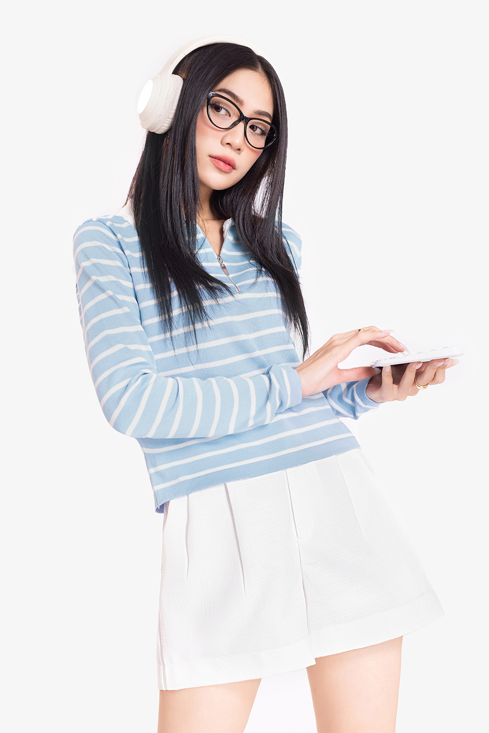 Áo polo nữ xanh sọc trắng tay dài