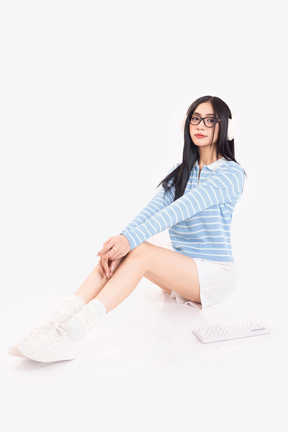 Áo polo nữ xanh sọc trắng tay dài