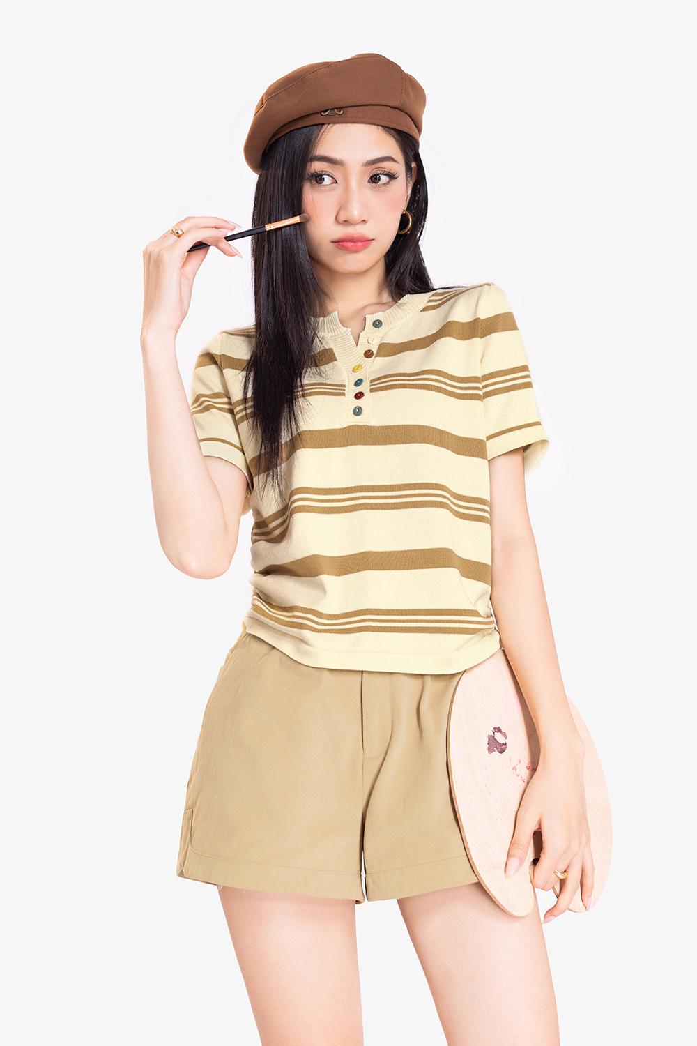 Áo len dệt kim sọc nâu phối dây rút