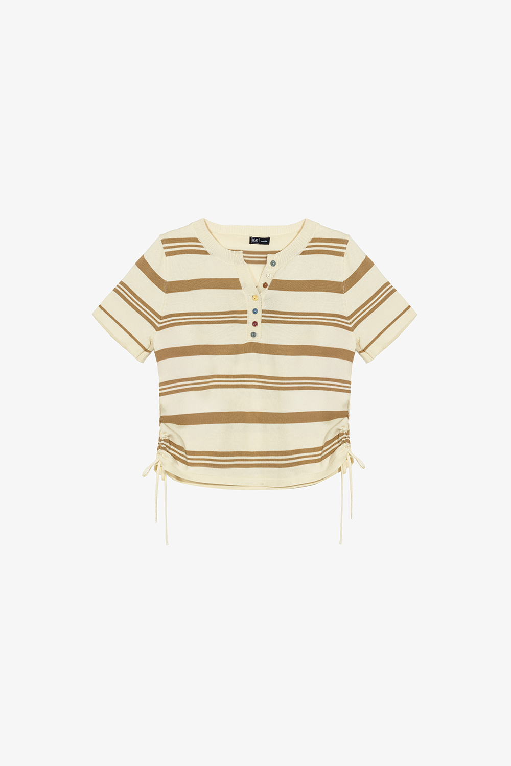 Áo len dệt kim sọc nâu phối dây rút