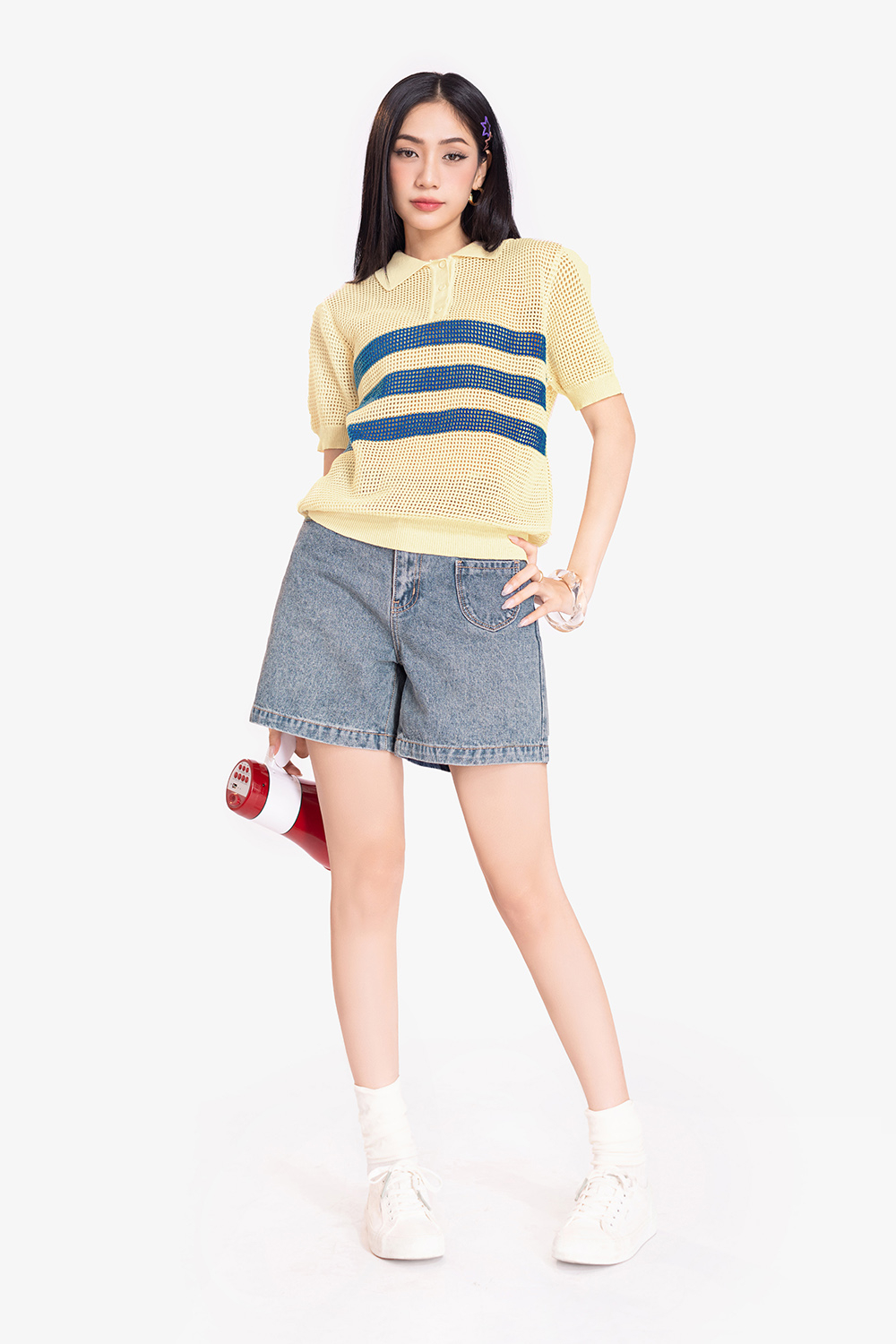 Áo polo nữ dệt kim sọc xanh