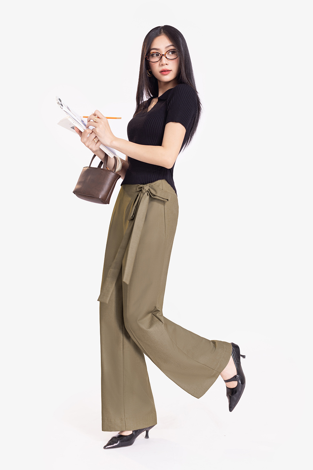 Quần công sở nữ ống suông thắt nơ