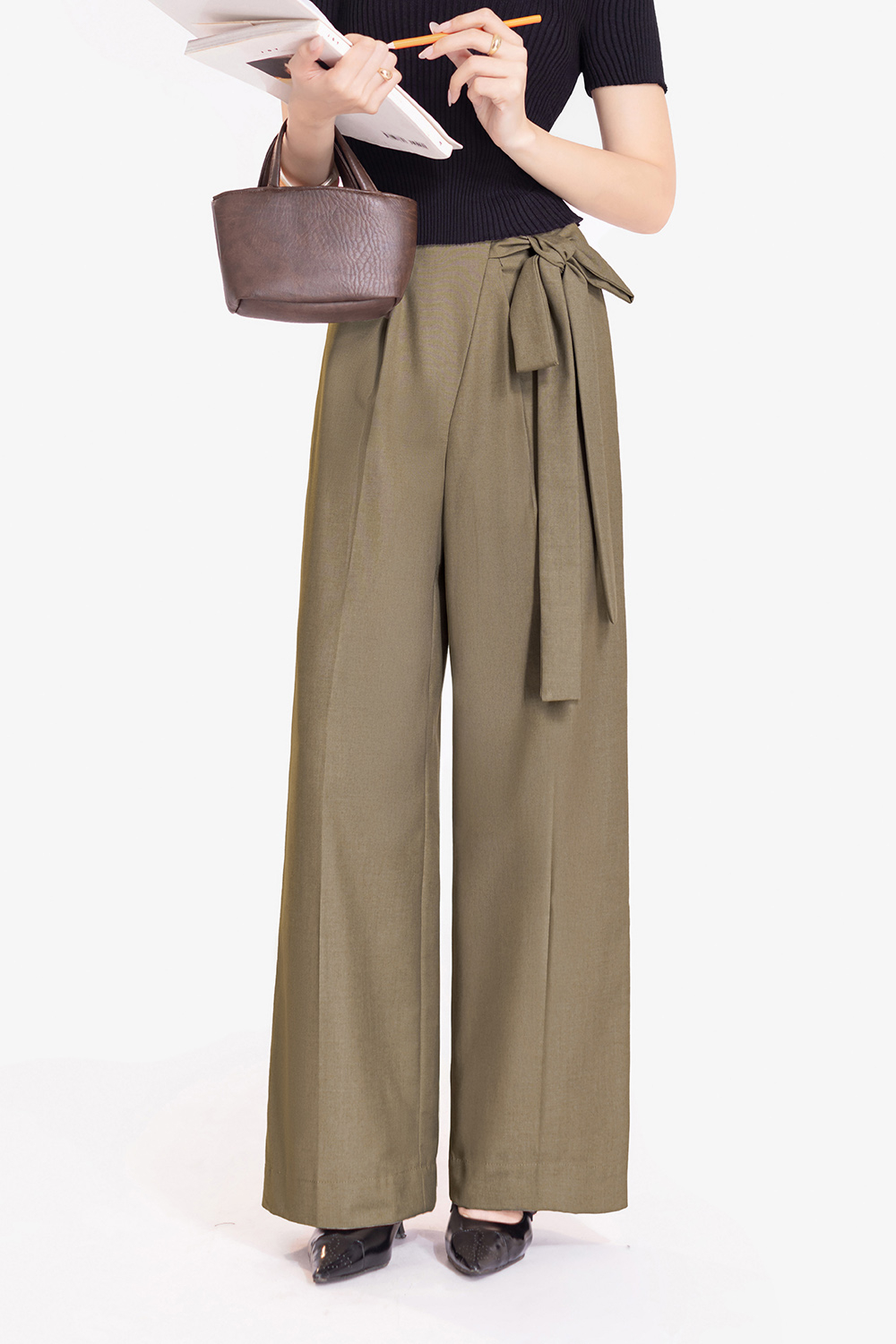 Quần công sở nữ ống suông thắt nơ