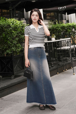Áo len dệt kim nữ cổ polo kẻ sọc ngang