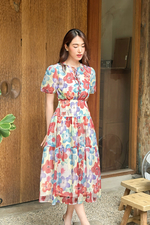 Đầm hoa dáng xòe dài tay phồng