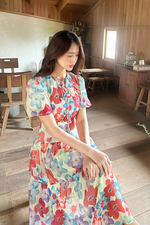 Đầm hoa dáng xòe dài tay phồng