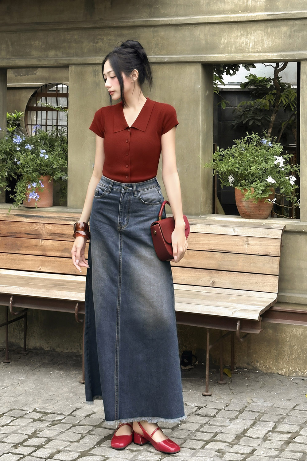 Chân váy jeans dáng chữ A xòe dài