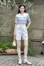 Áo polo dệt kim trắng sọc xanh