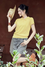 Áo polo len dệt kim màu vàng