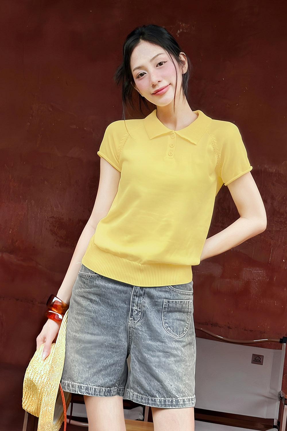 Áo polo len dệt kim màu vàng