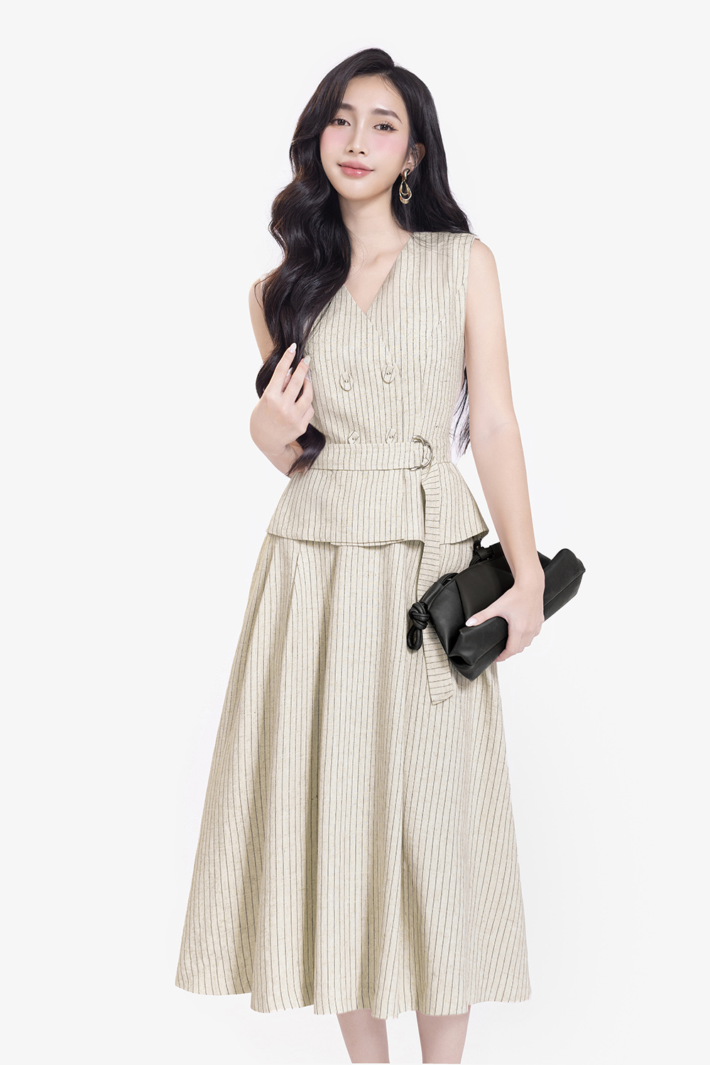 Áo gile nữ kẻ sọc phối thắt lưng