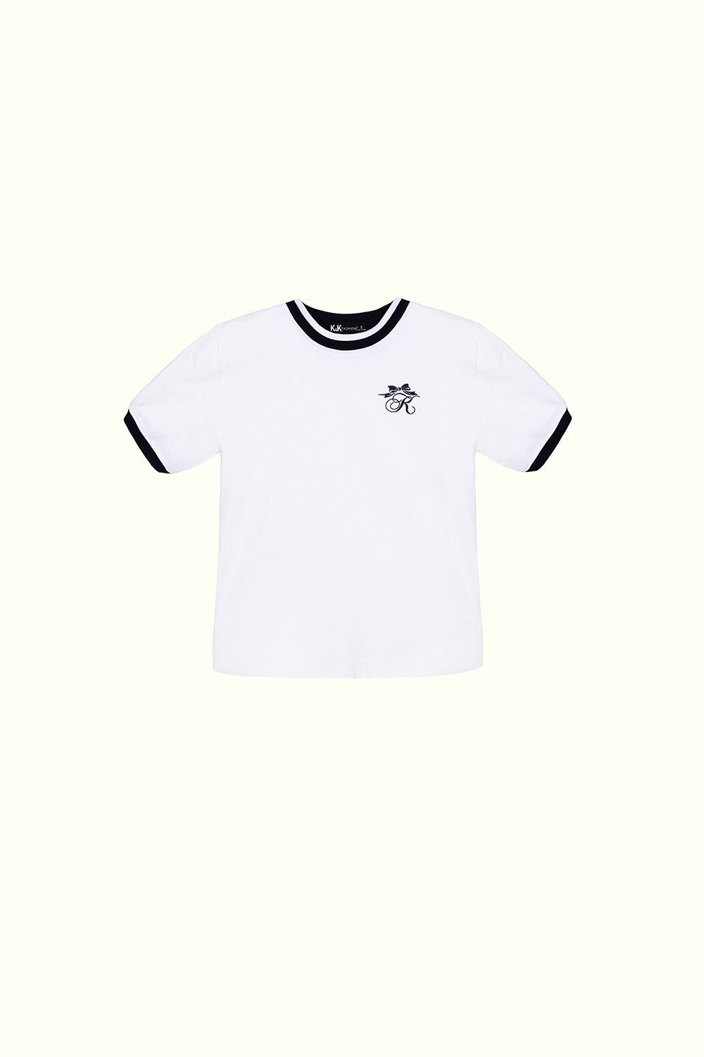 Áo thun trắng cổ tròn viền xanh đen