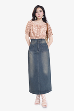 Chân váy jeans dáng chữ A dài phối túi