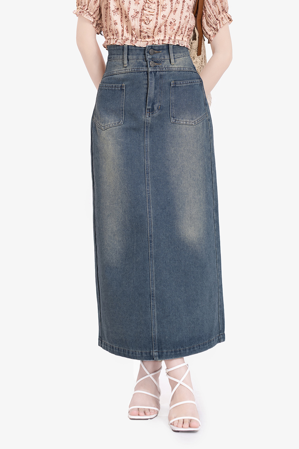 Chân váy jeans dáng chữ A dài phối túi