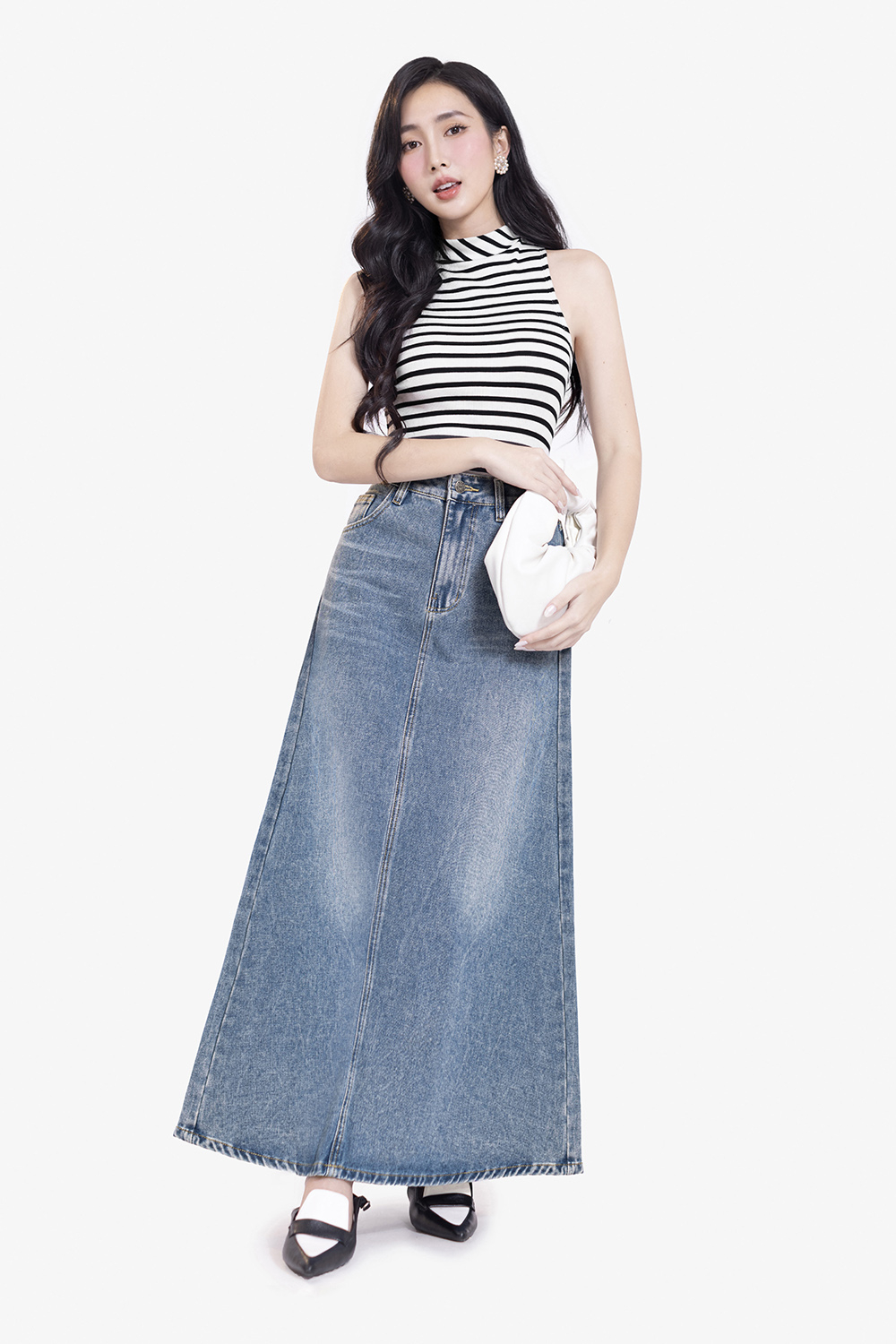 Chân váy jeans dáng dài chữ A xòe