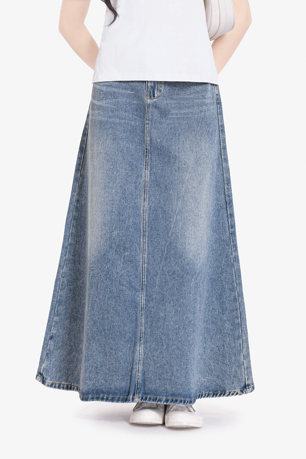 Chân váy jeans dáng dài chữ A xòe