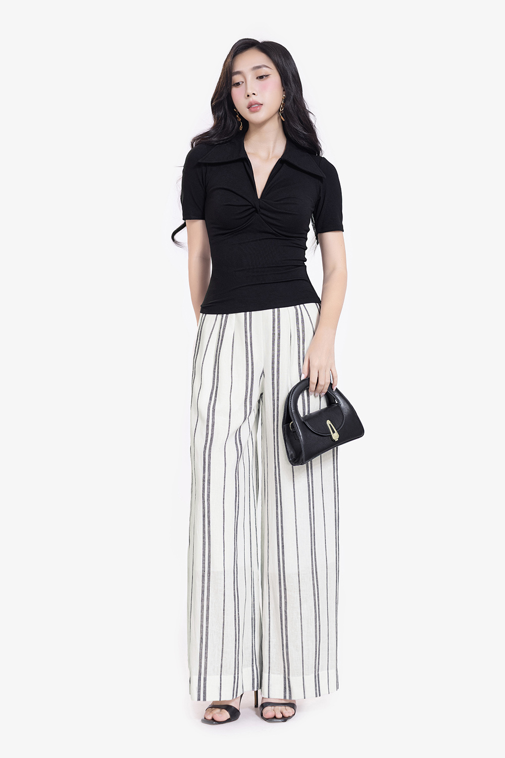 Quần ống suông linen kẻ sọc