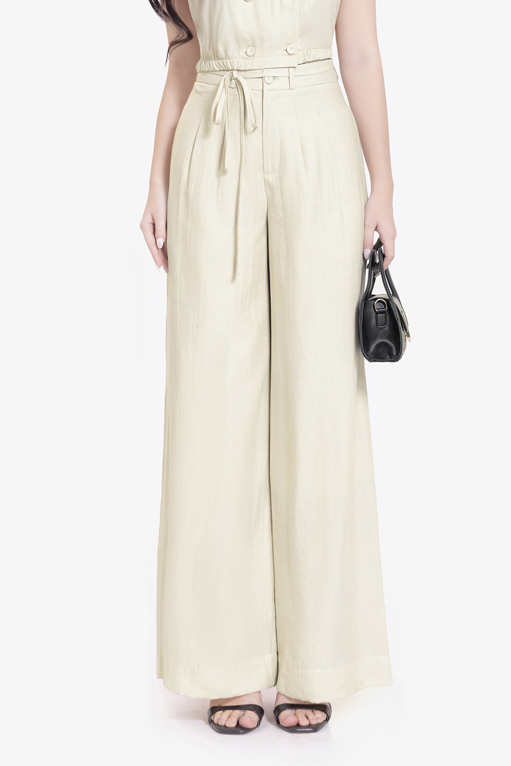 Quần suông ống rộng đai phối dây thắt nơ