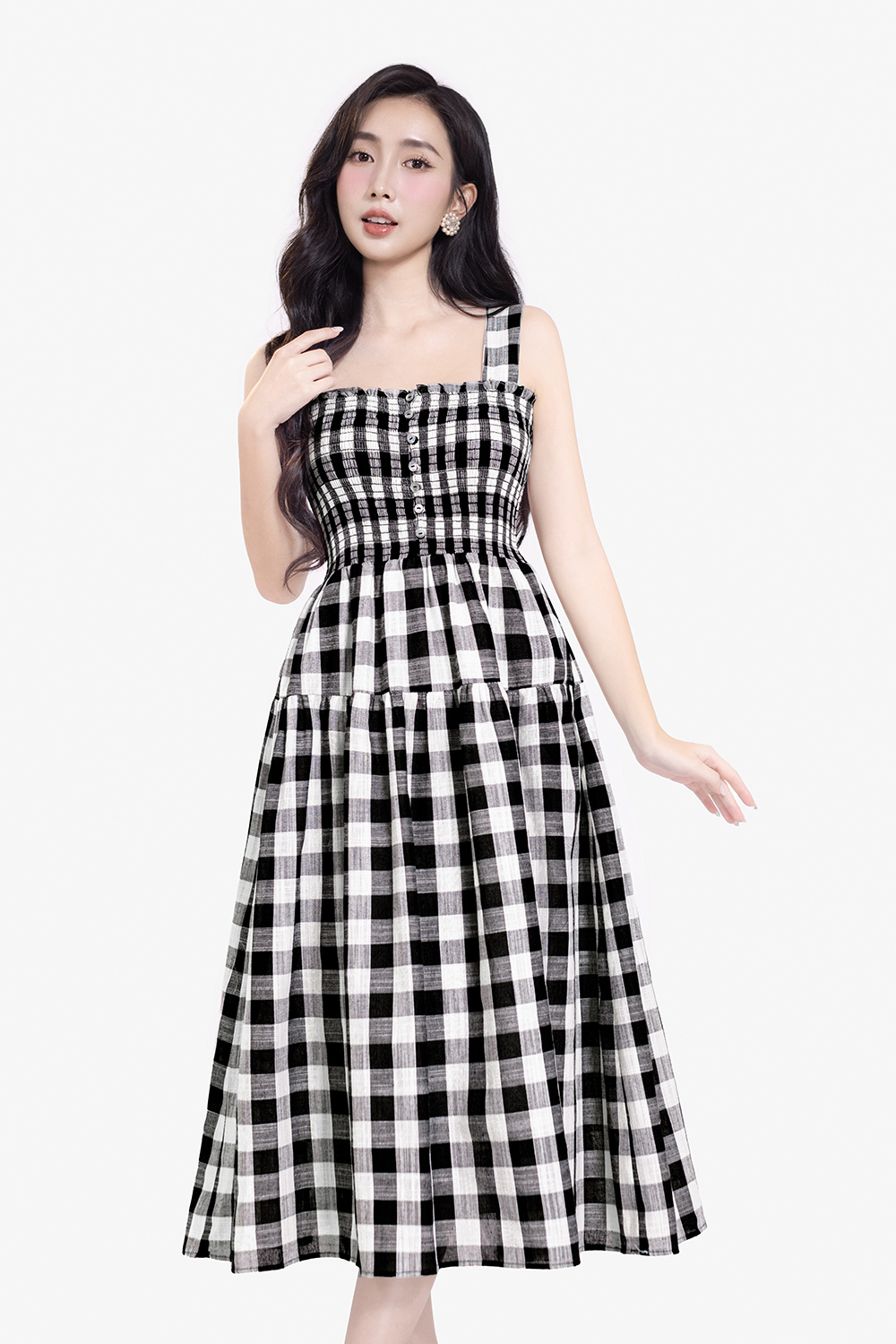 Đầm xòe caro 2 dây bo chun ngực