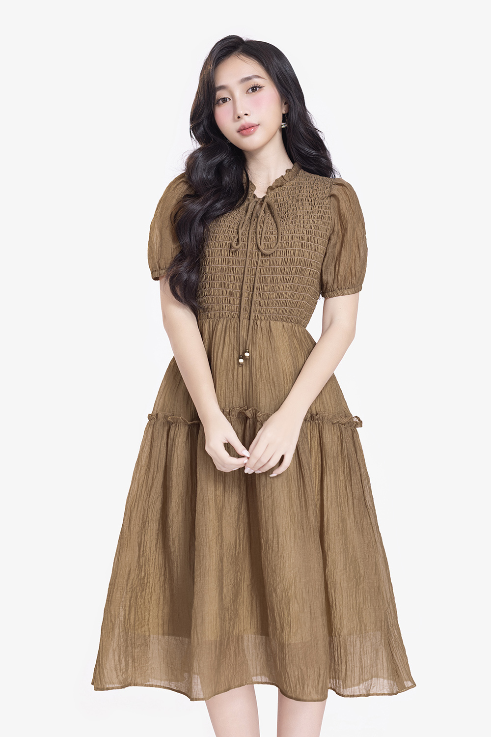 Đầm tơ dáng xòe màu nâu nhún ngực