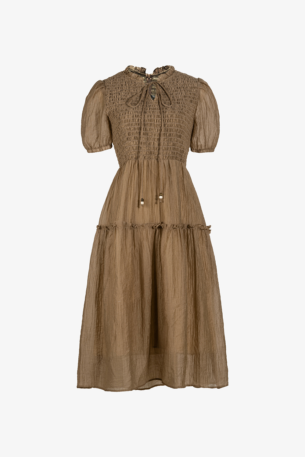 Đầm tơ dáng xòe màu nâu nhún ngực