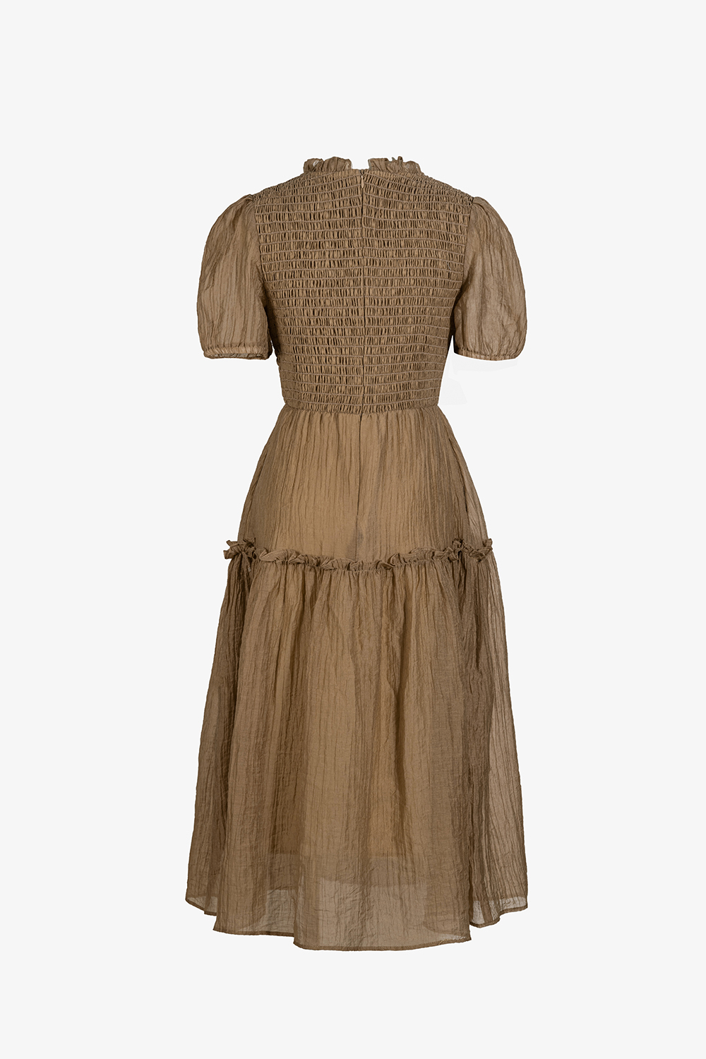 Đầm tơ dáng xòe màu nâu nhún ngực