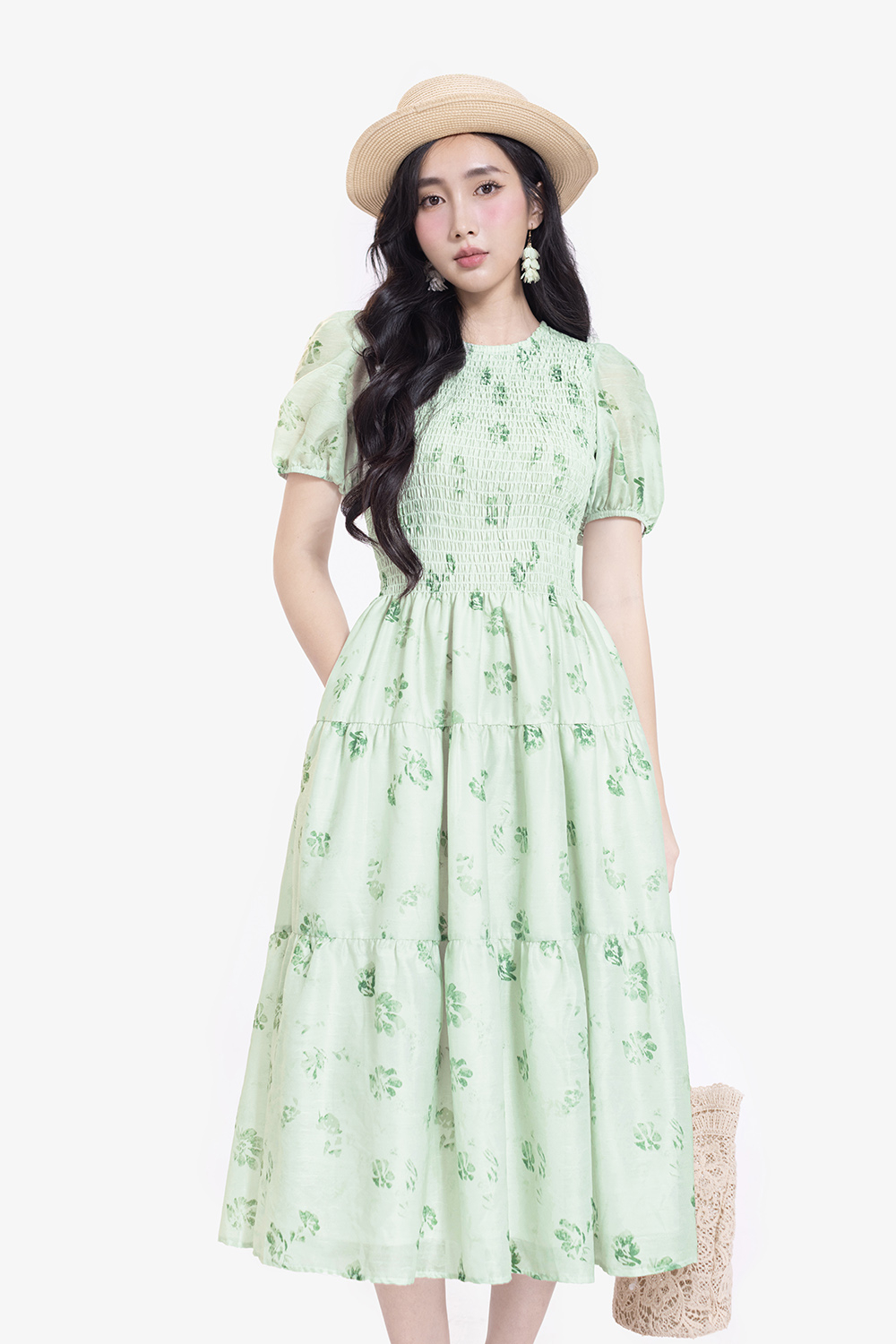 Đầm hoa xòe dáng dài bo chun ngực