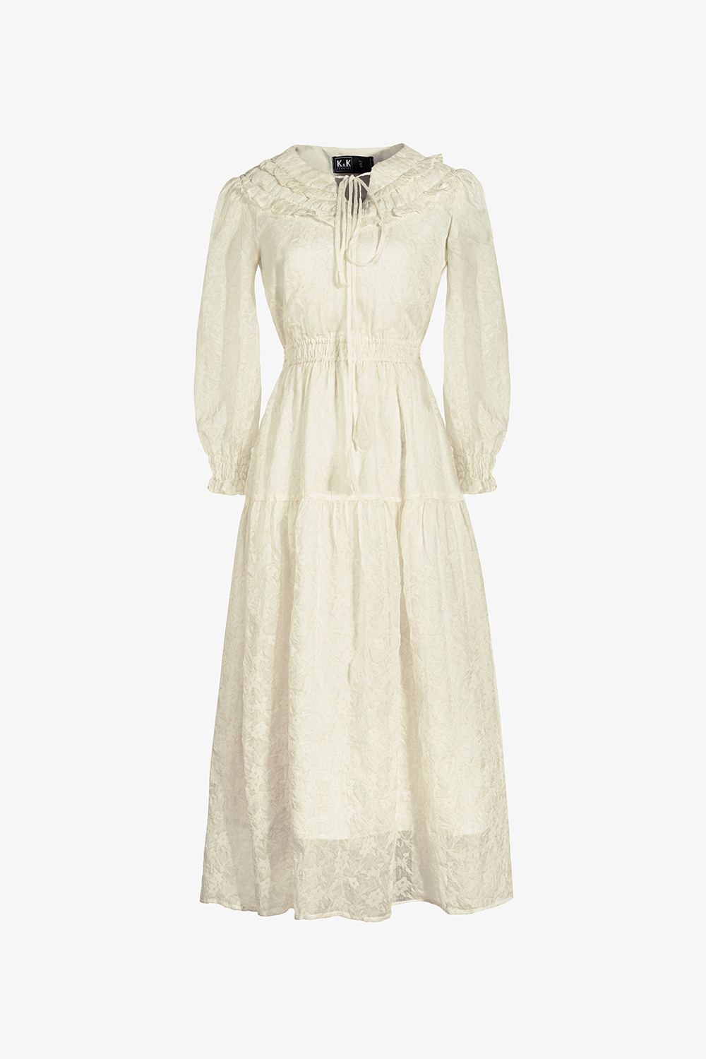 Đầm xòe dài cổ viền bèo phối nơ