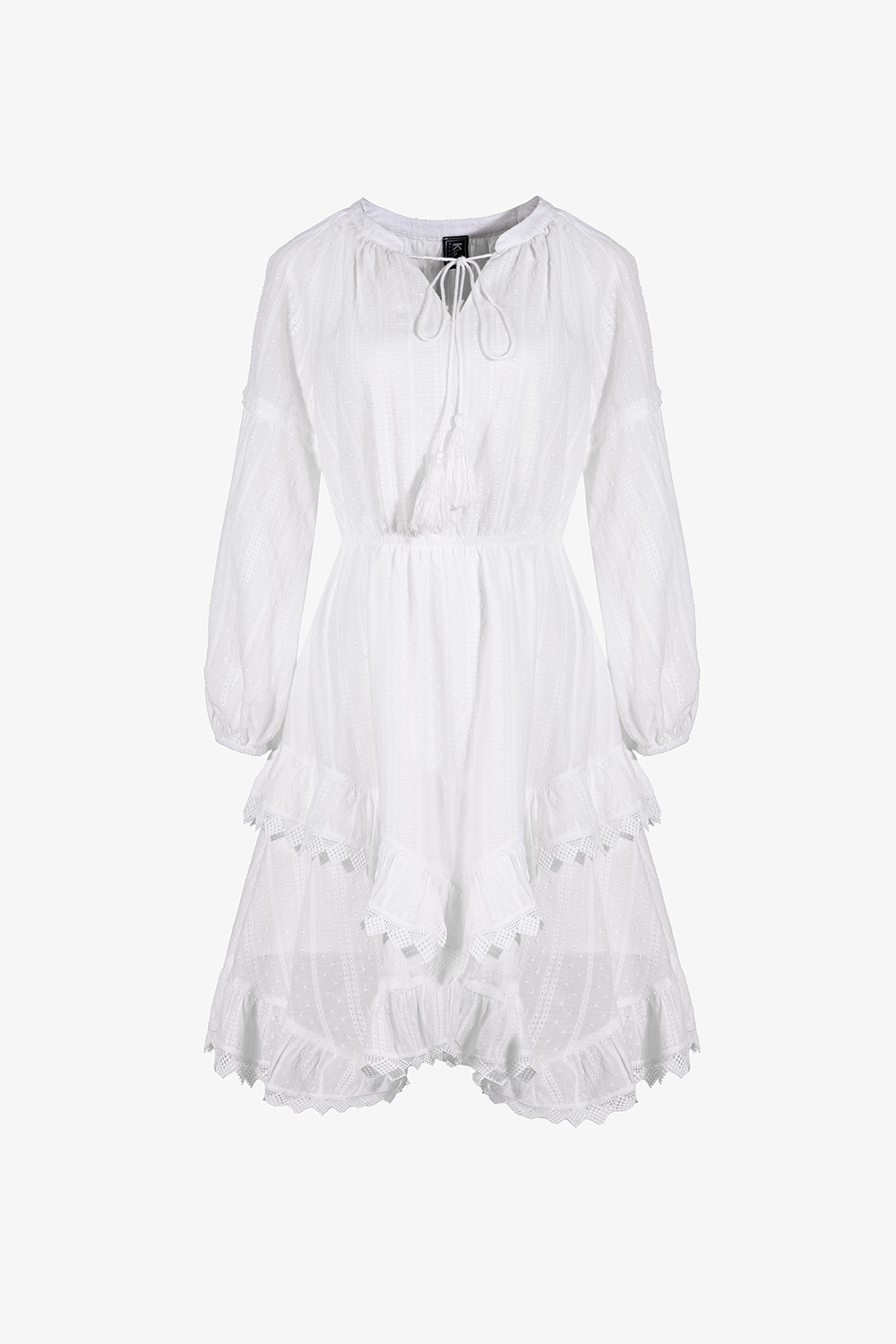 Đầm trắng tay dài dáng xòe phối bèo