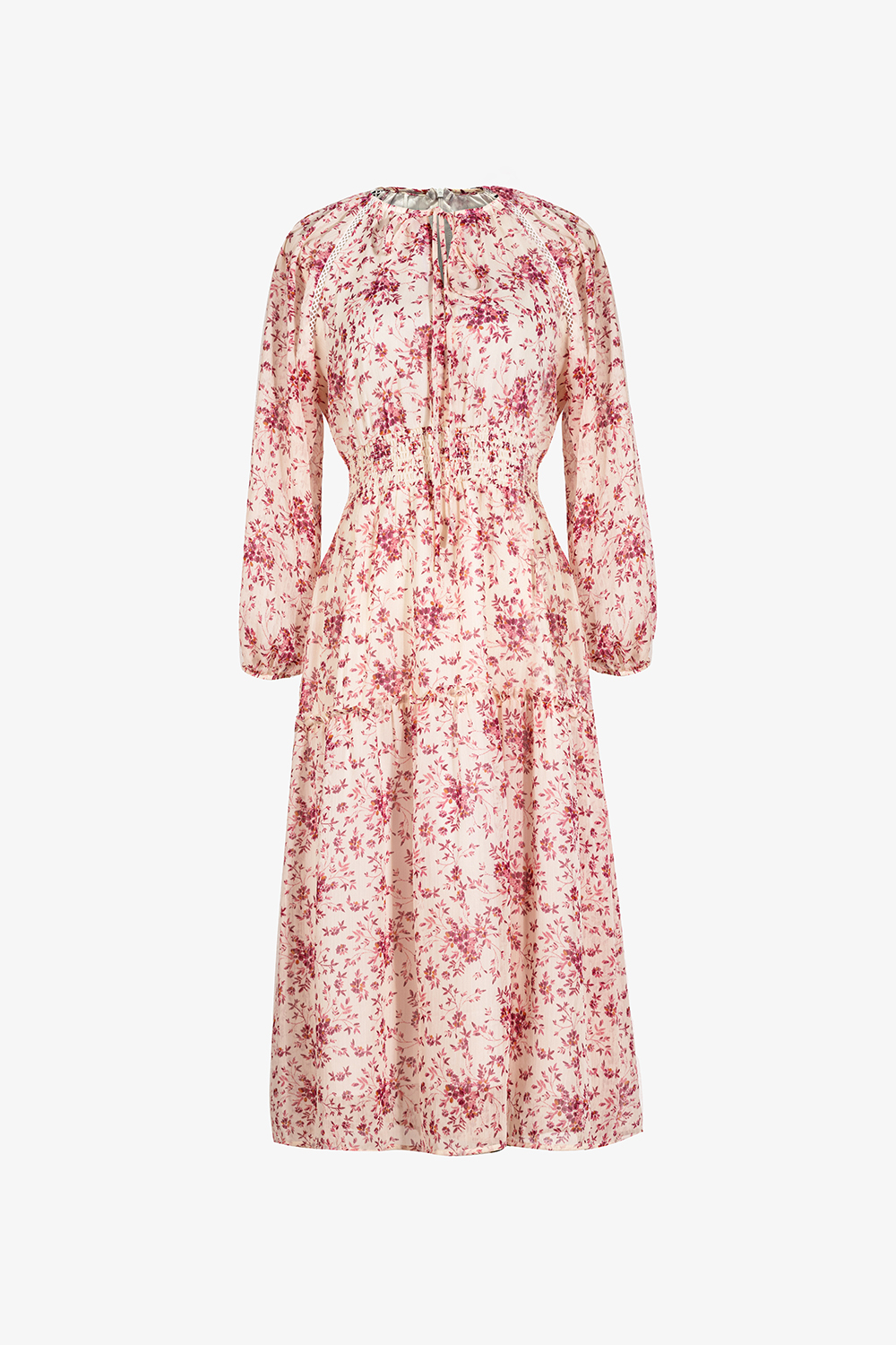 Đầm hoa hồng tay dài cổ tròn eo bo thun