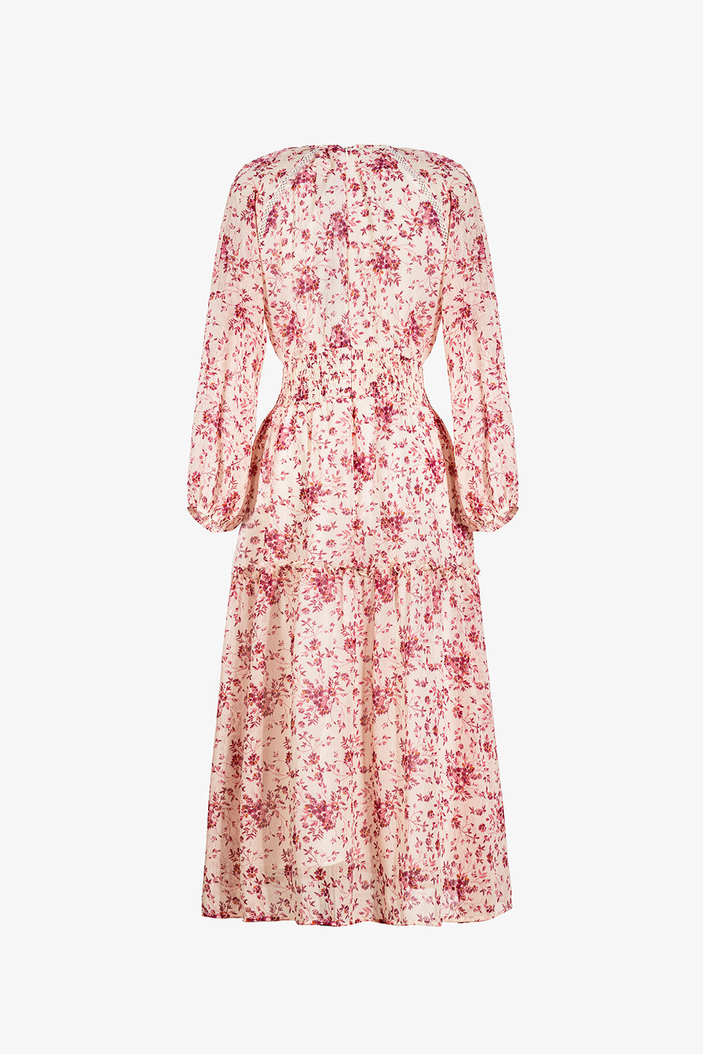 Đầm hoa hồng tay dài cổ tròn eo bo thun