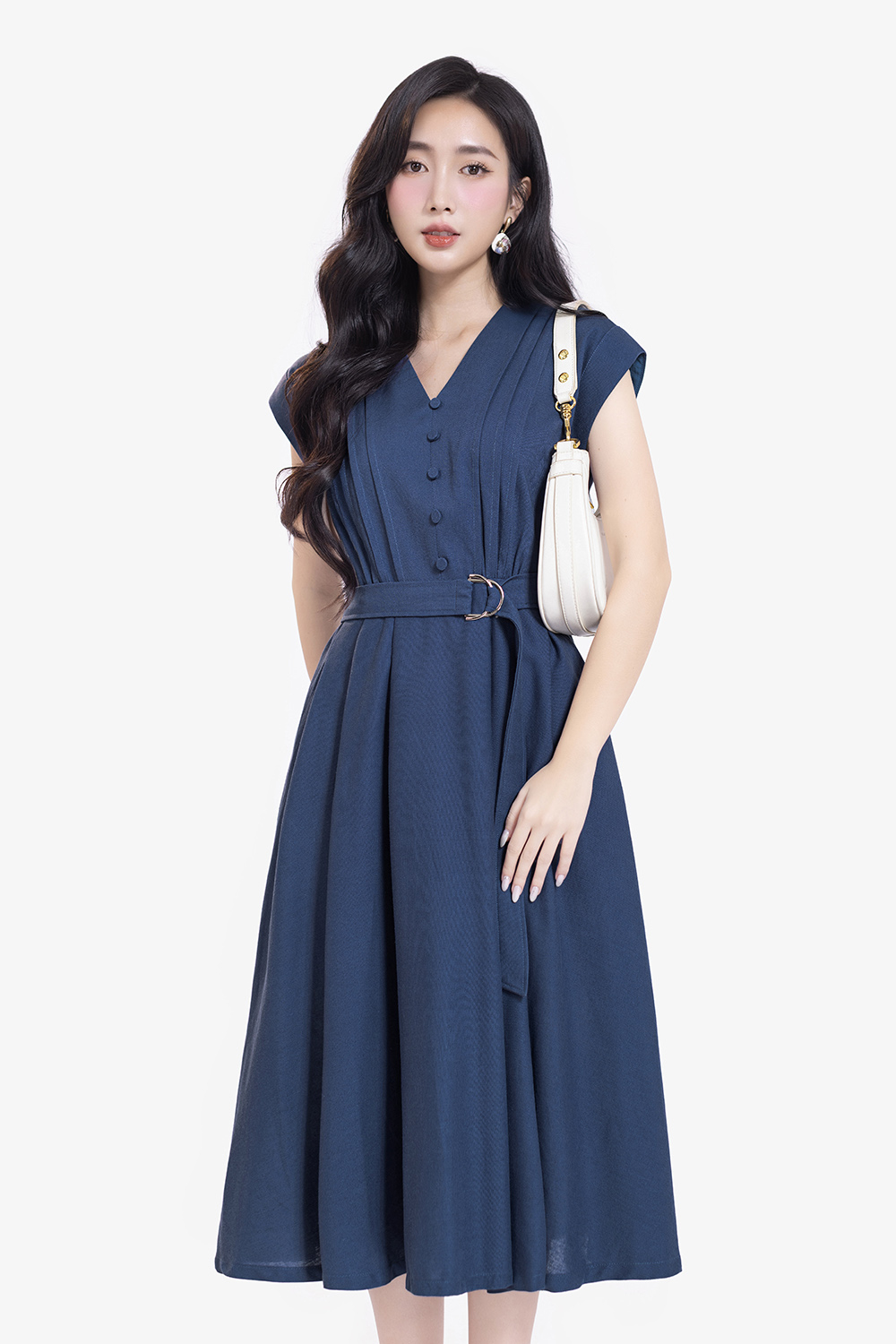 Đầm xòe công sở cổ V kèm thắt lưng