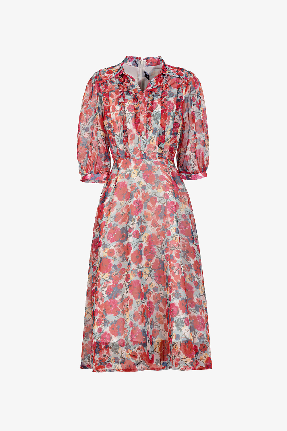 Đầm voan xòe hoa đỏ cổ sơ mi tay lỡ