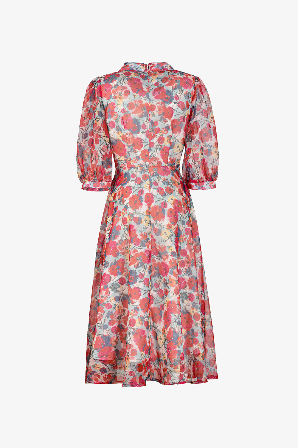 Đầm voan xòe hoa đỏ cổ sơ mi tay lỡ