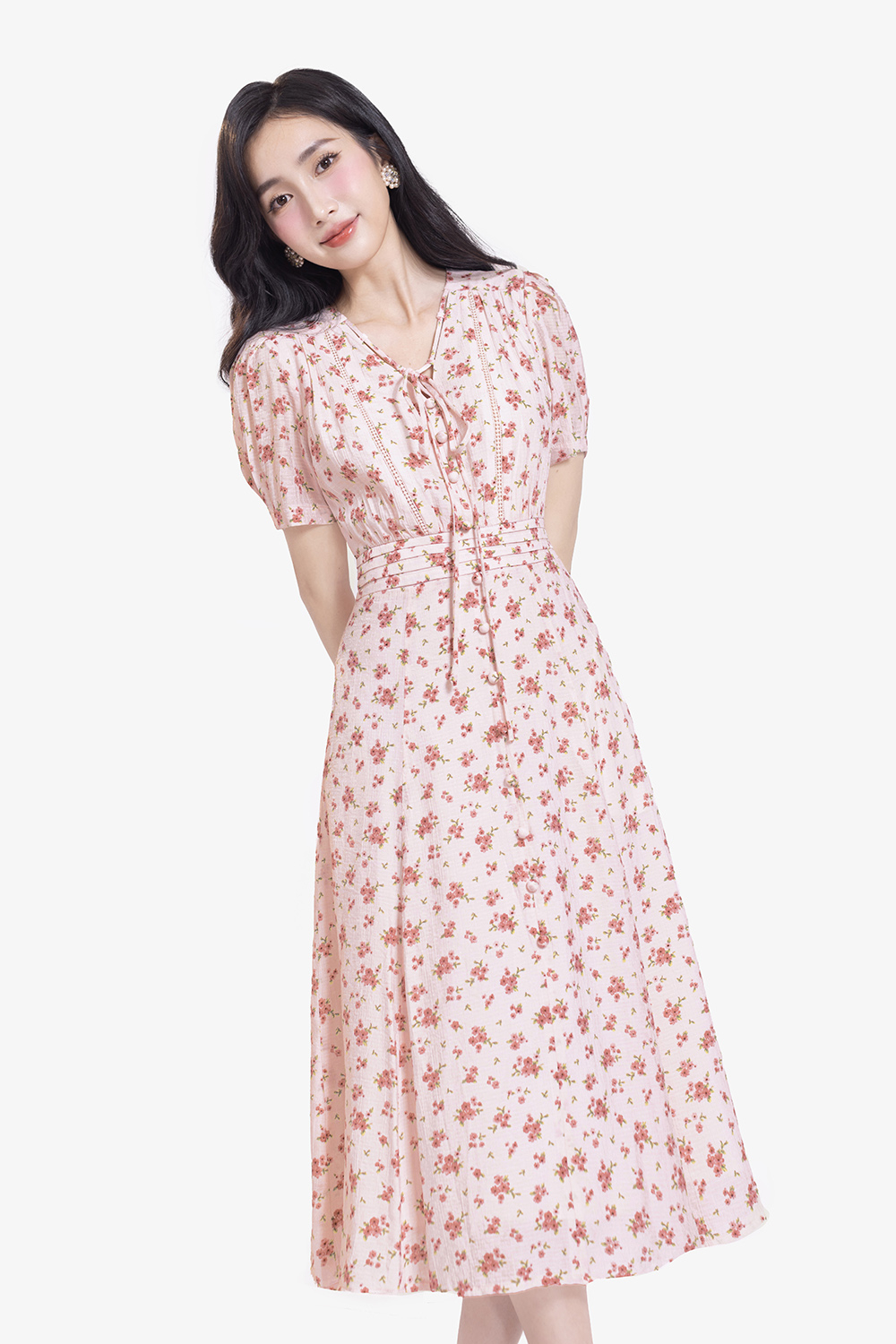 Đầm hoa nhí dáng xòe chữ A cổ phối nơ