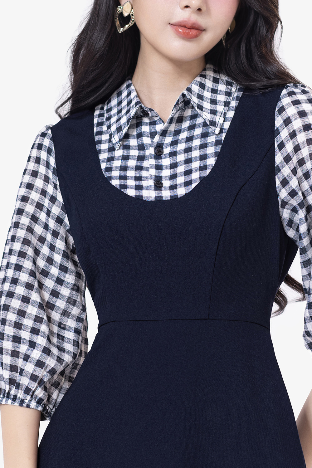 Đầm xòe chữ A công sở phối caro