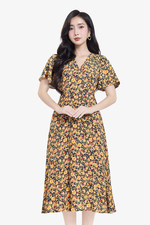 Đầm xòe họa tiết hoa phối nơ