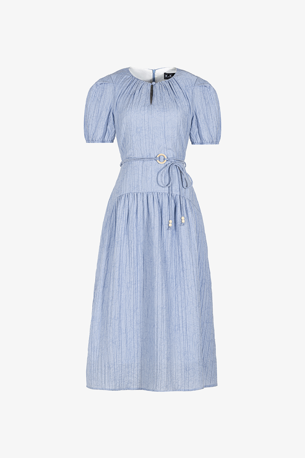 Đầm xòe xanh hoa ẩn eo phối dây nơ