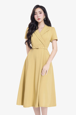 Đầm xòe công sở cổ đan tông màu vàng