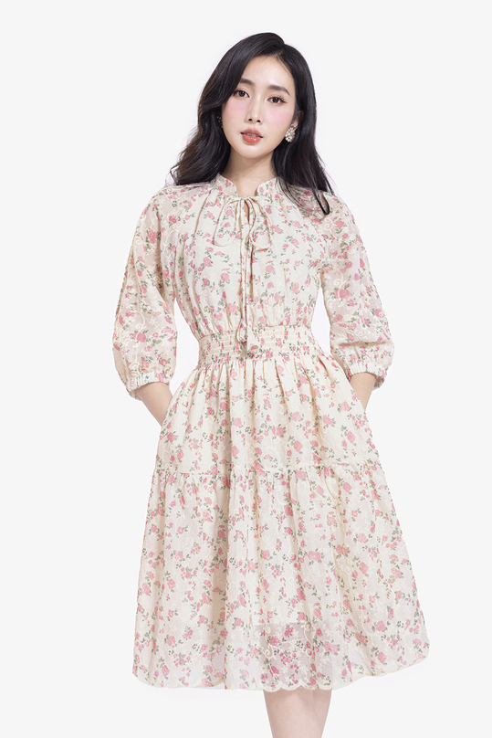 Đầm hoa dáng xòe tay lỡ cổ phối nơ KK177-30